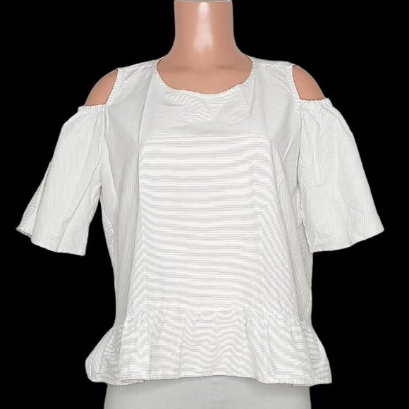 Cristinaeffe Striped Cold Shoulder Blouse Top US 6 IT 42 White Black Peplum - Picture 1 of 7